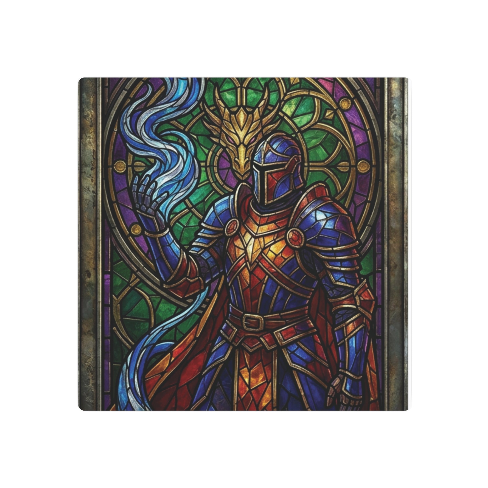 The Arcane Dragon-Knight – Stained-Glass Metal Print