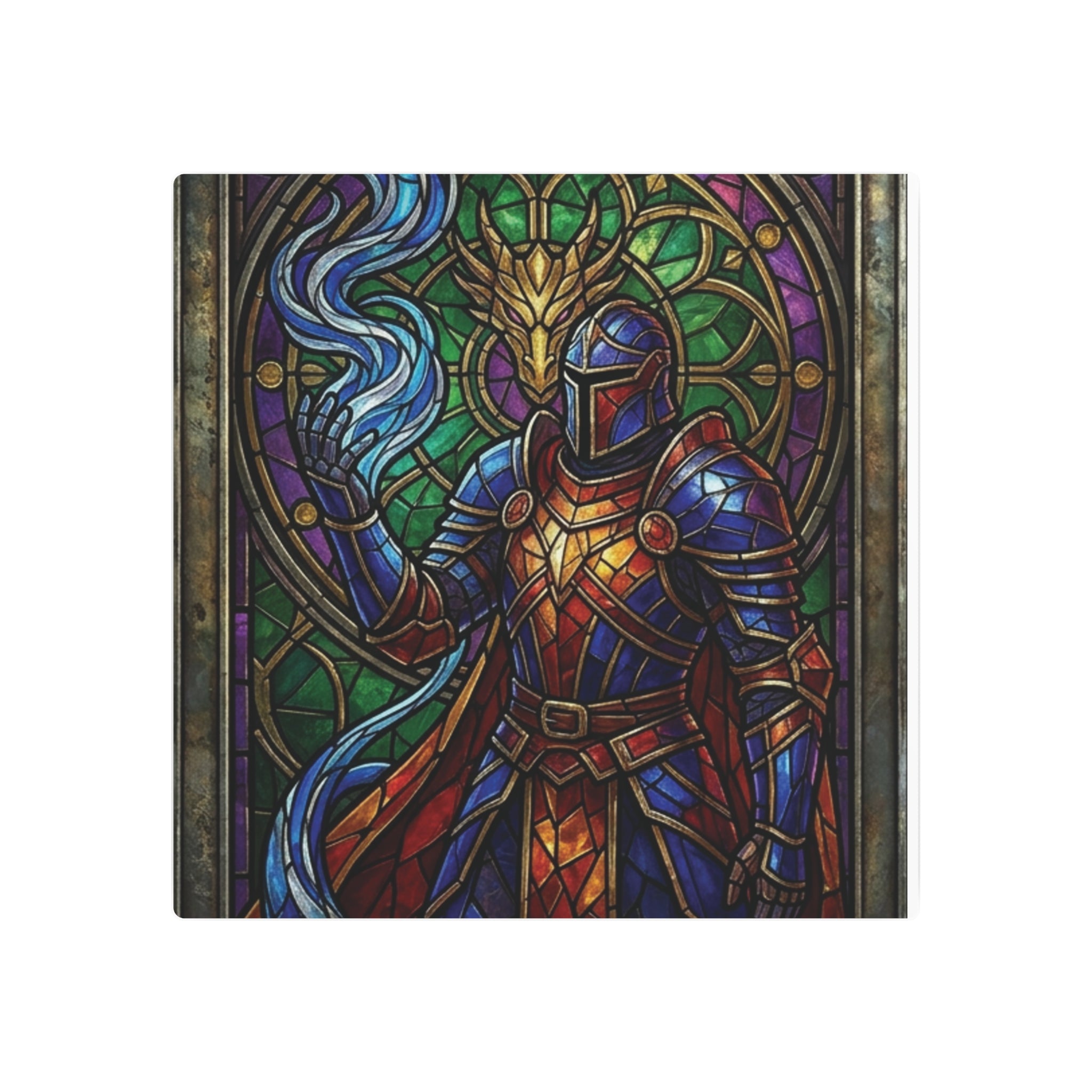 The Arcane Dragon-Knight – Stained-Glass Metal Print
