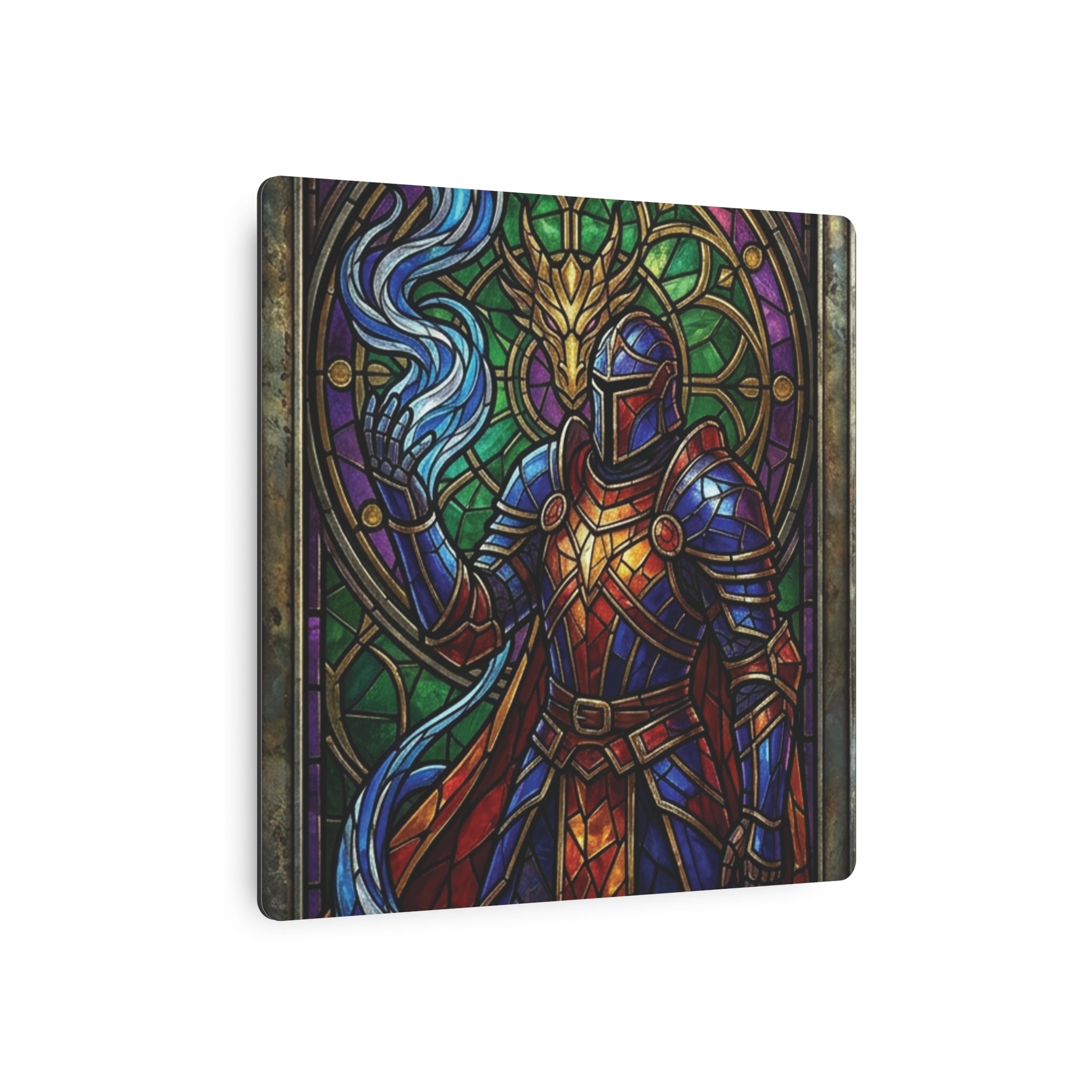 The Arcane Dragon-Knight – Stained-Glass Metal Print