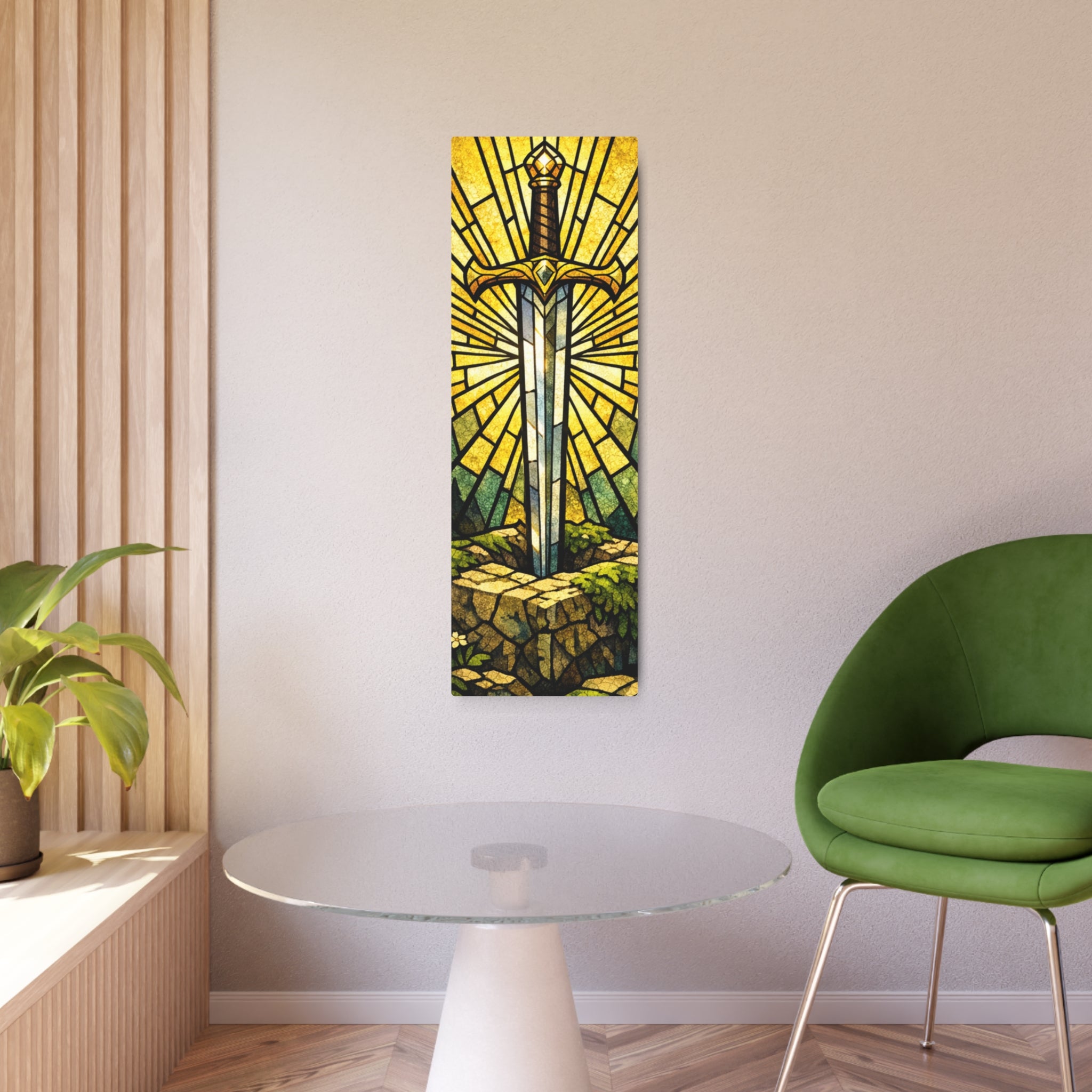 The Sovereign's Blade: Gothic Stained-Glass Art