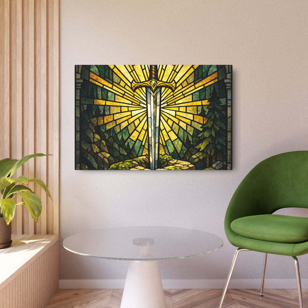 The Sovereign's Blade: Gothic Stained-Glass Art