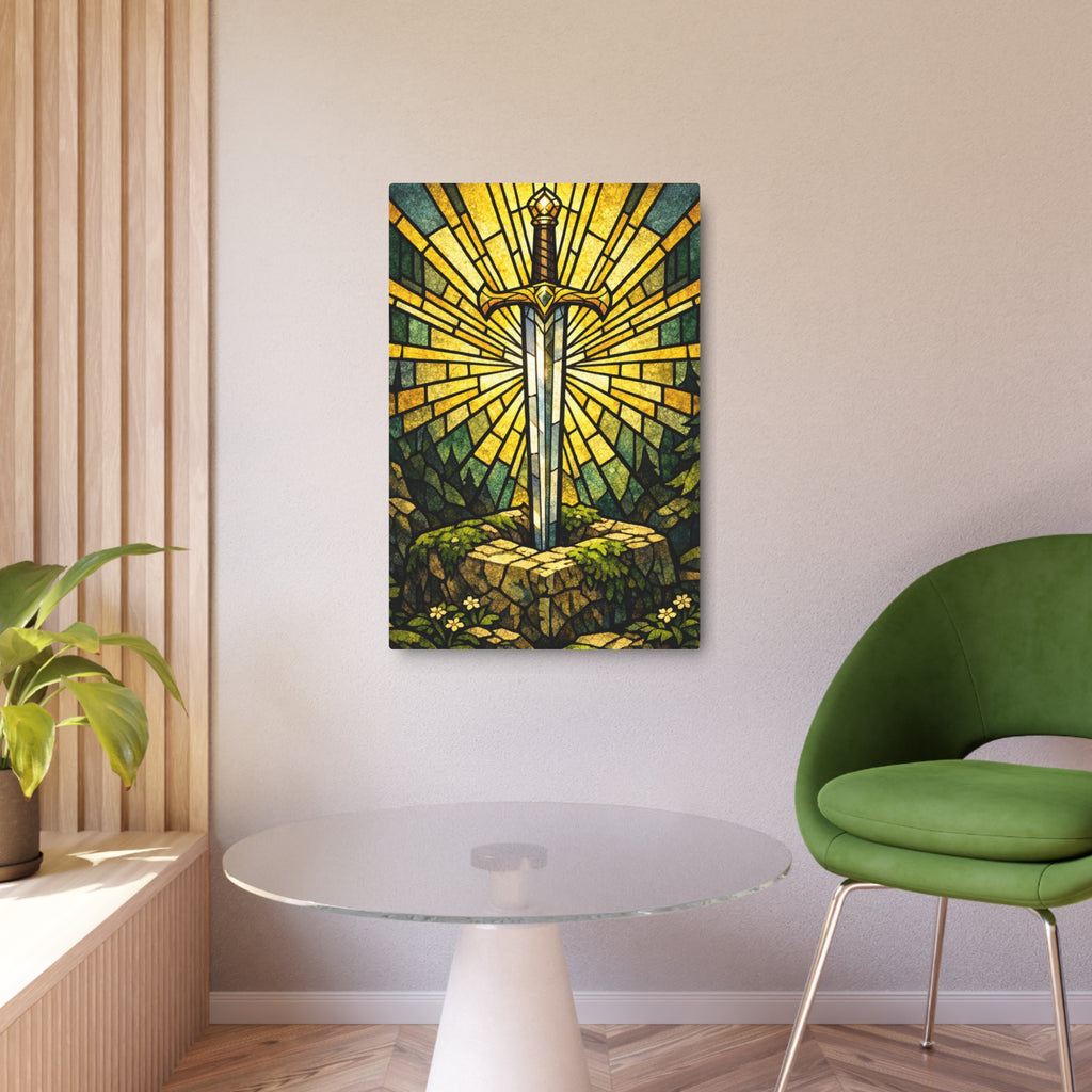 The Sovereign's Blade: Gothic Stained-Glass Art