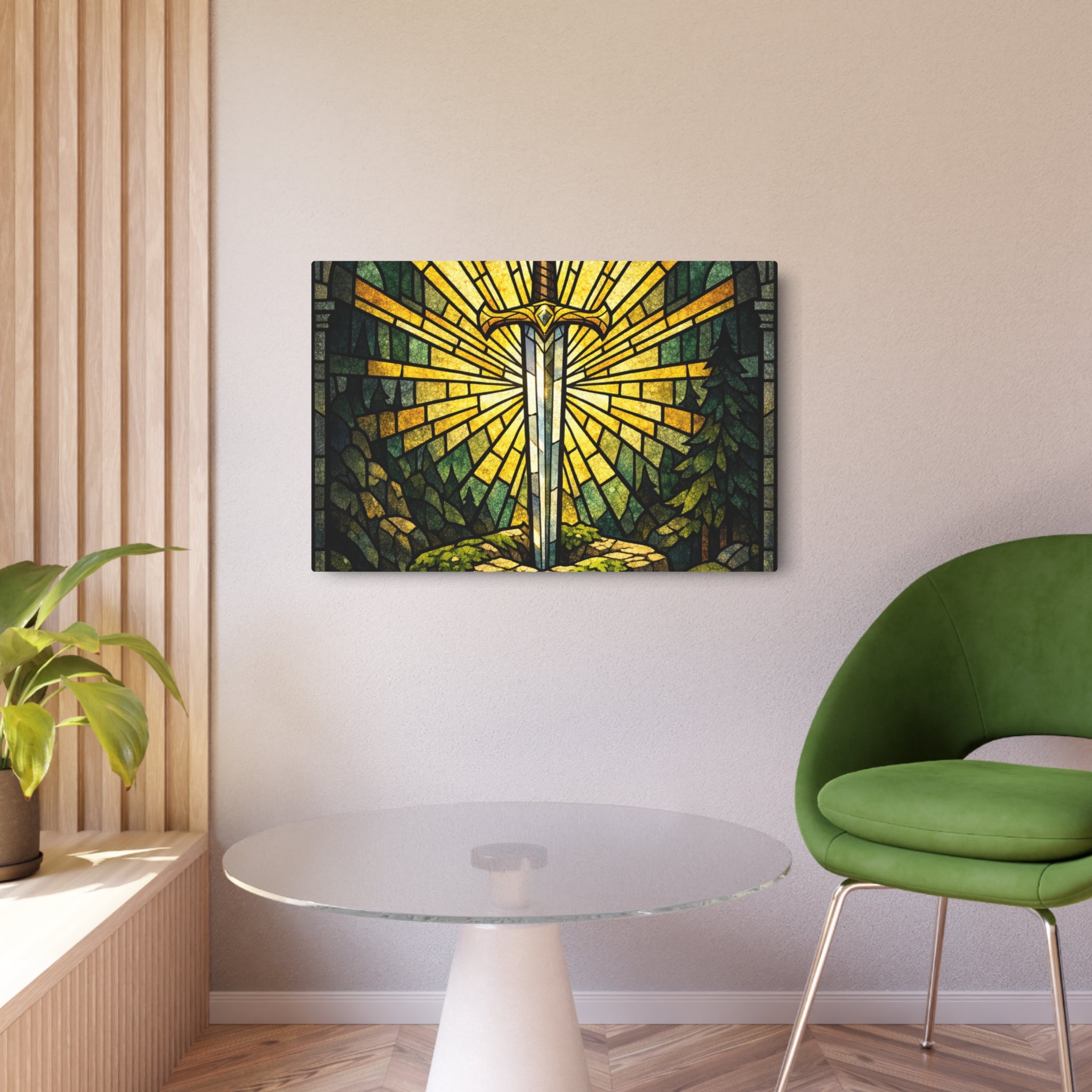 The Sovereign's Blade: Gothic Stained-Glass Art
