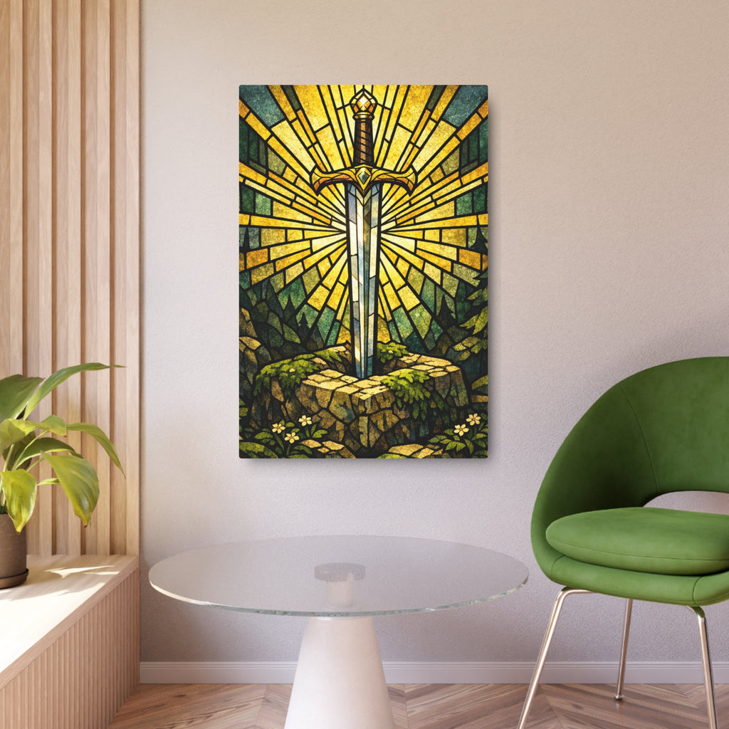 The Sovereign's Blade: Gothic Stained-Glass Art
